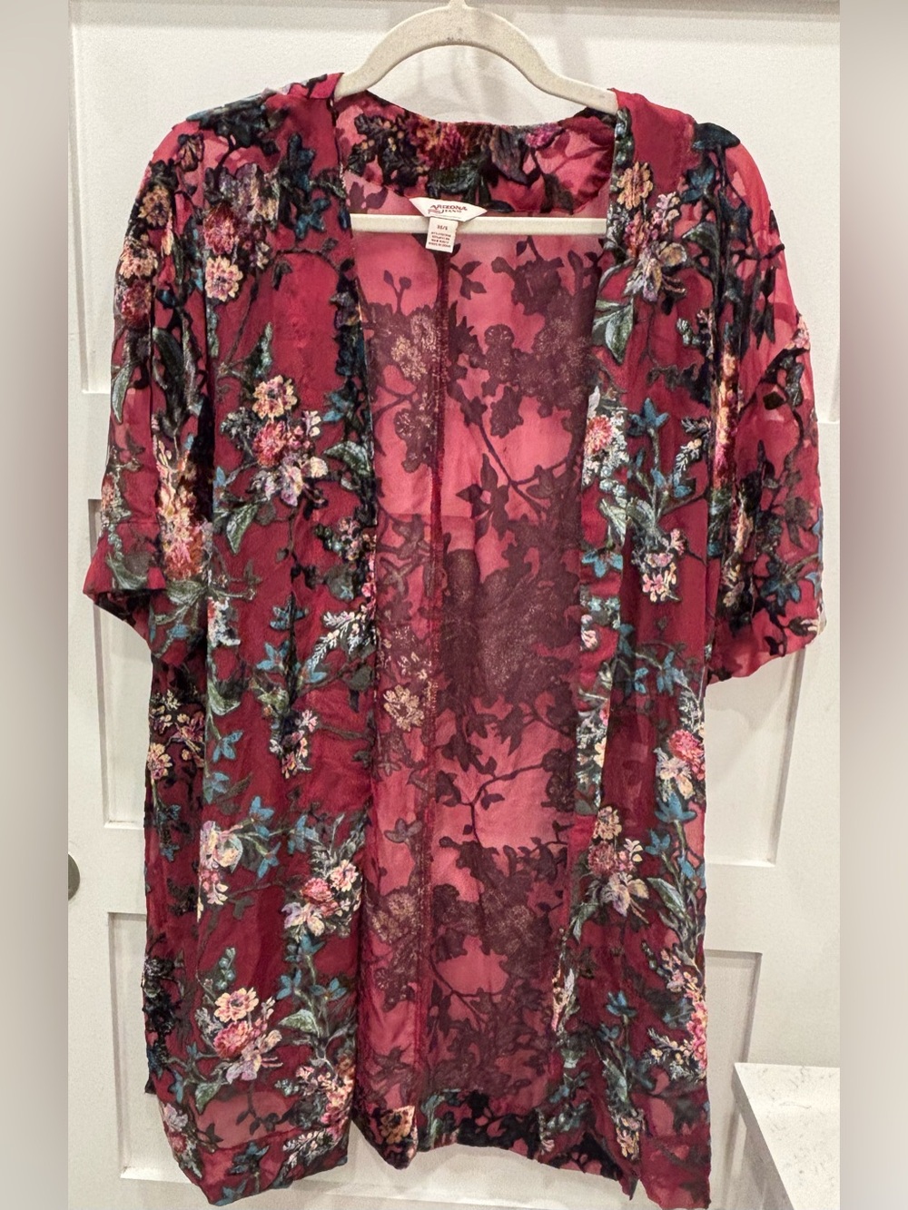 Arizona Jean Floral Velvet Burnout Open Front Kimono - Berry Red w/ Teal Accents